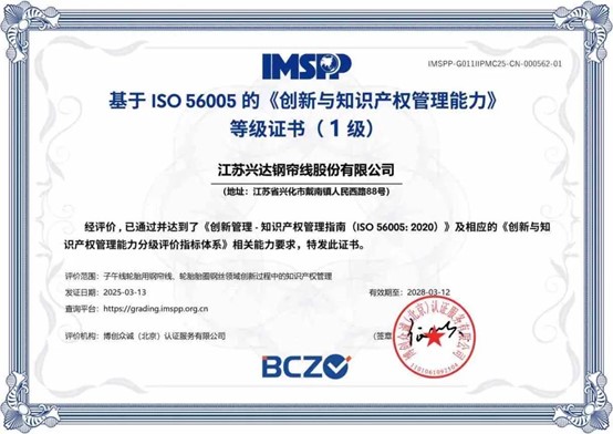 江苏兴达荣获ISO56005“创新与知识产权管理能力证书”